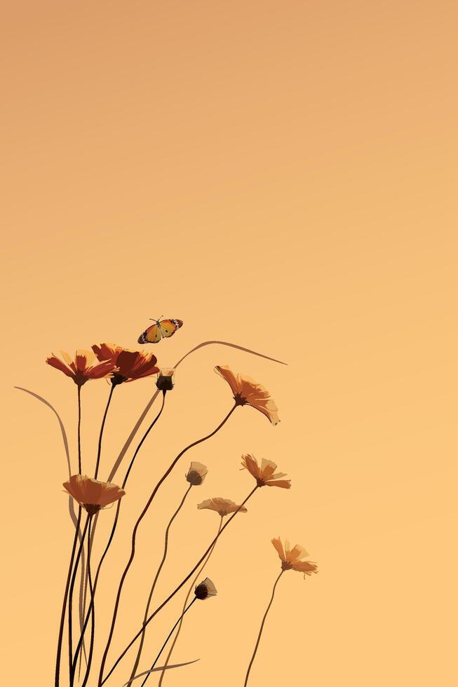 Silhouette flowers and butterfly with sunset sky vertical background graphic illustration have blank space. vector
