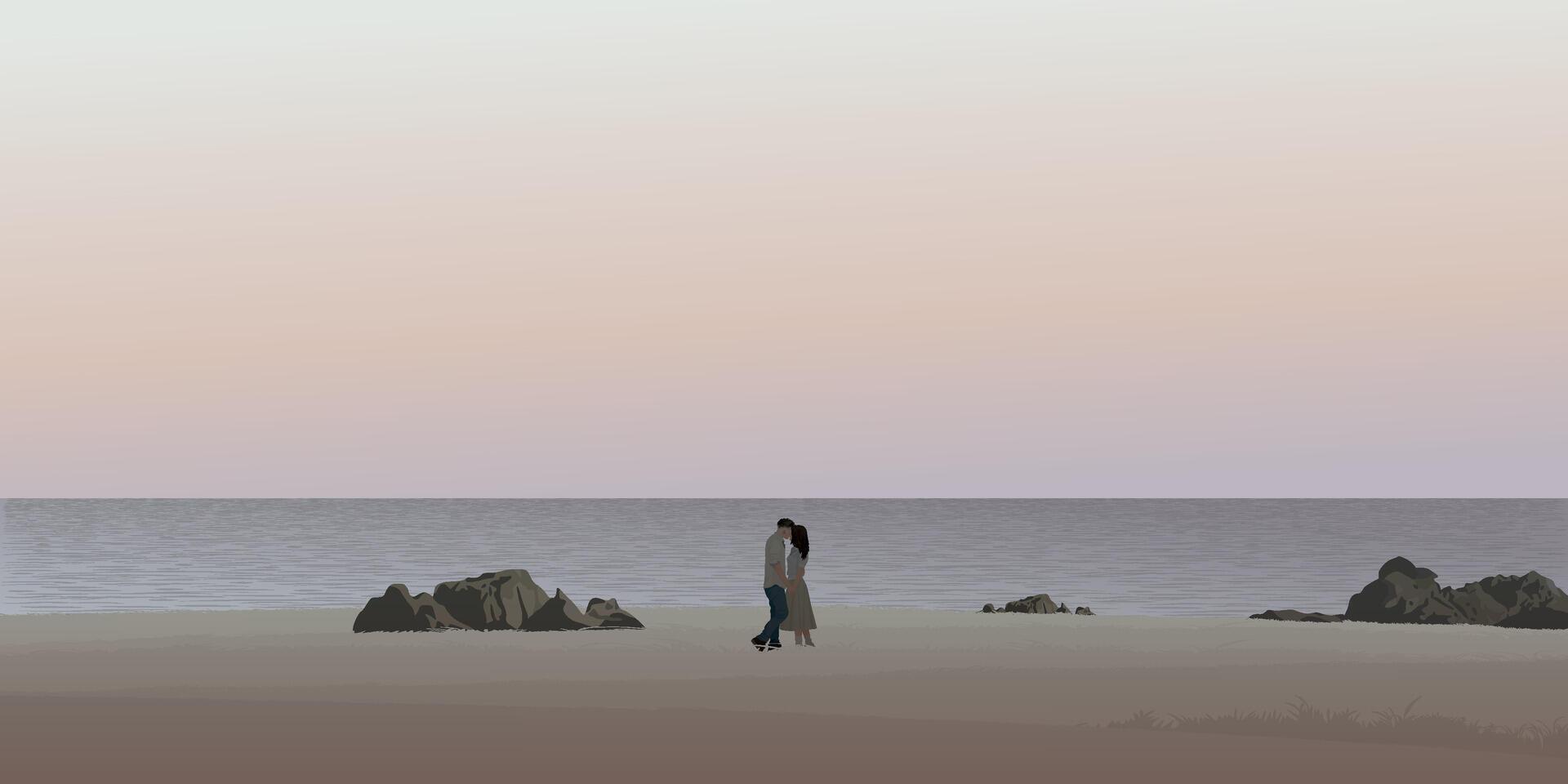 Couple of lover kissing at seashore landscape have vanilla sky background graphic illustration. vector