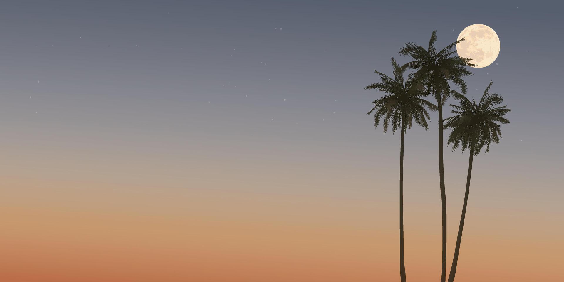 Silhouette coconut palm trees and full moon with sunset sky background graphic illustration have blank space. vector