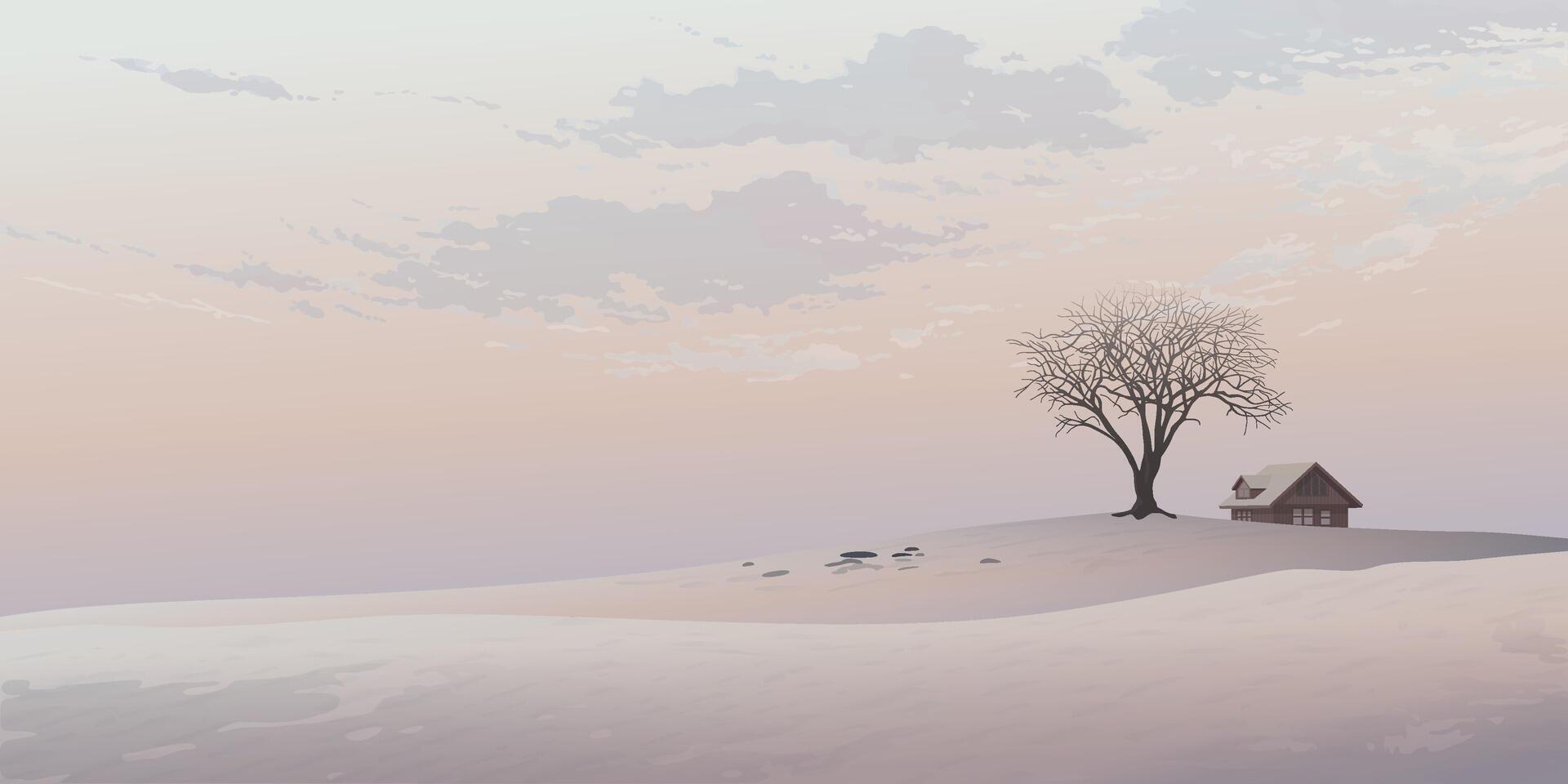 Silhouette deciduous tree and country house on the hill in the middle of dried land with vanilla sky background graphic illustration have blank space. vector