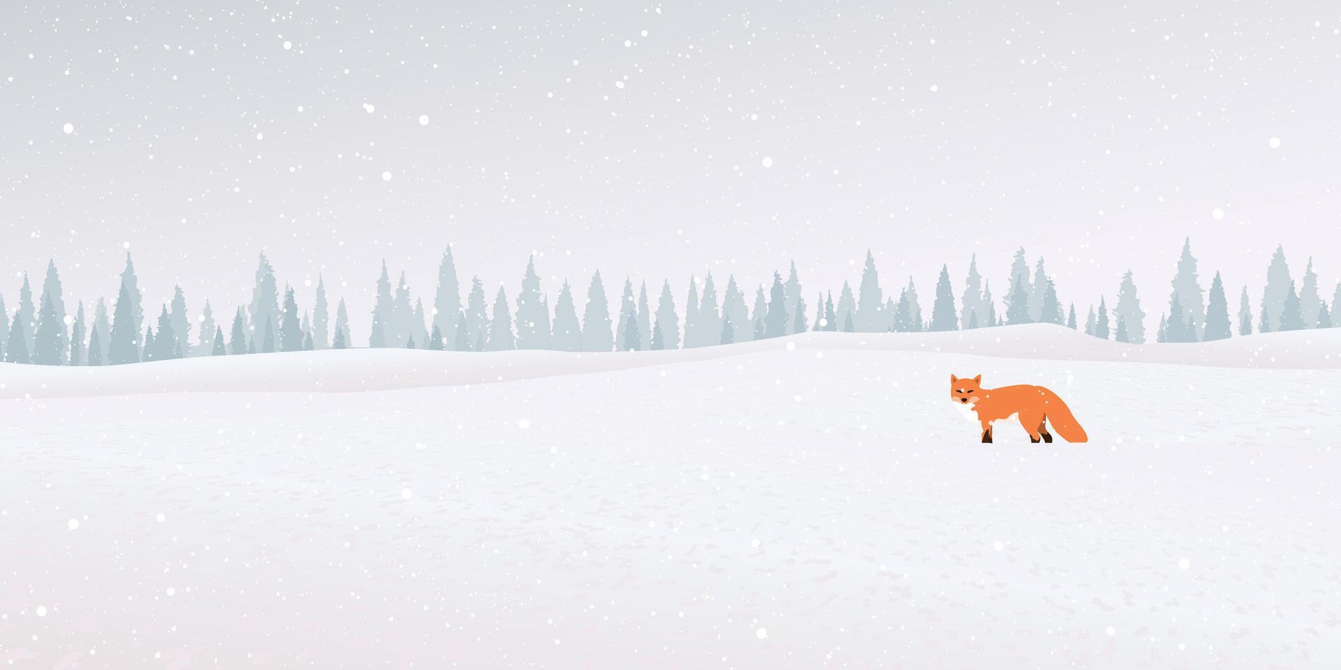 Snawfall in minimalist snowscape with lonely fox have pine forest far away graphic illustration. vector