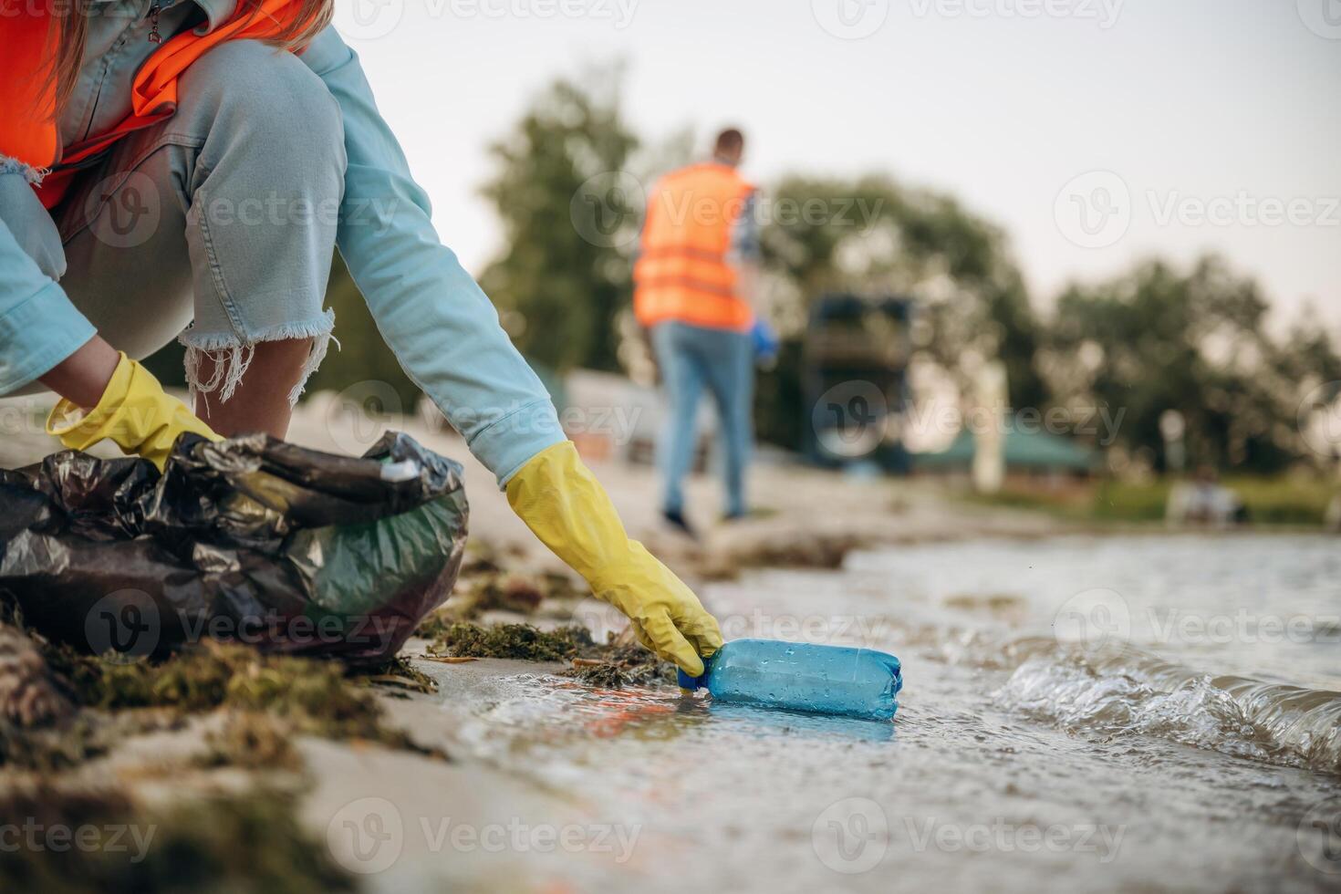 Picking,, bottle from the water. A volunteers collects garbage on a muddy beach photo