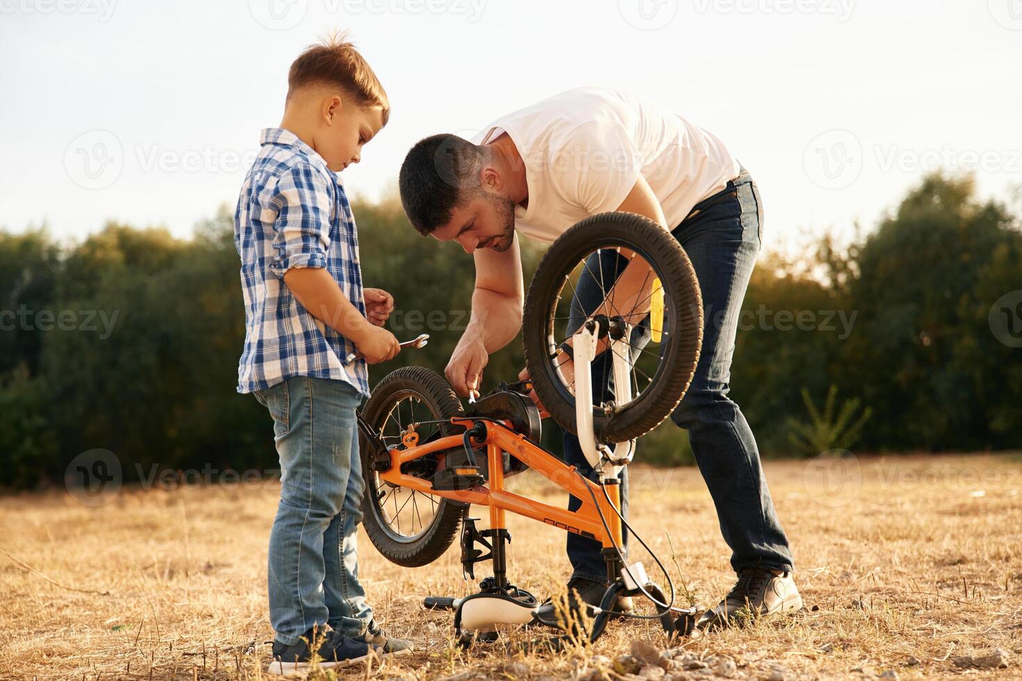 Broken bike,,, process of fixing it. Dad with son are with bicycle on the field outdoors photo
