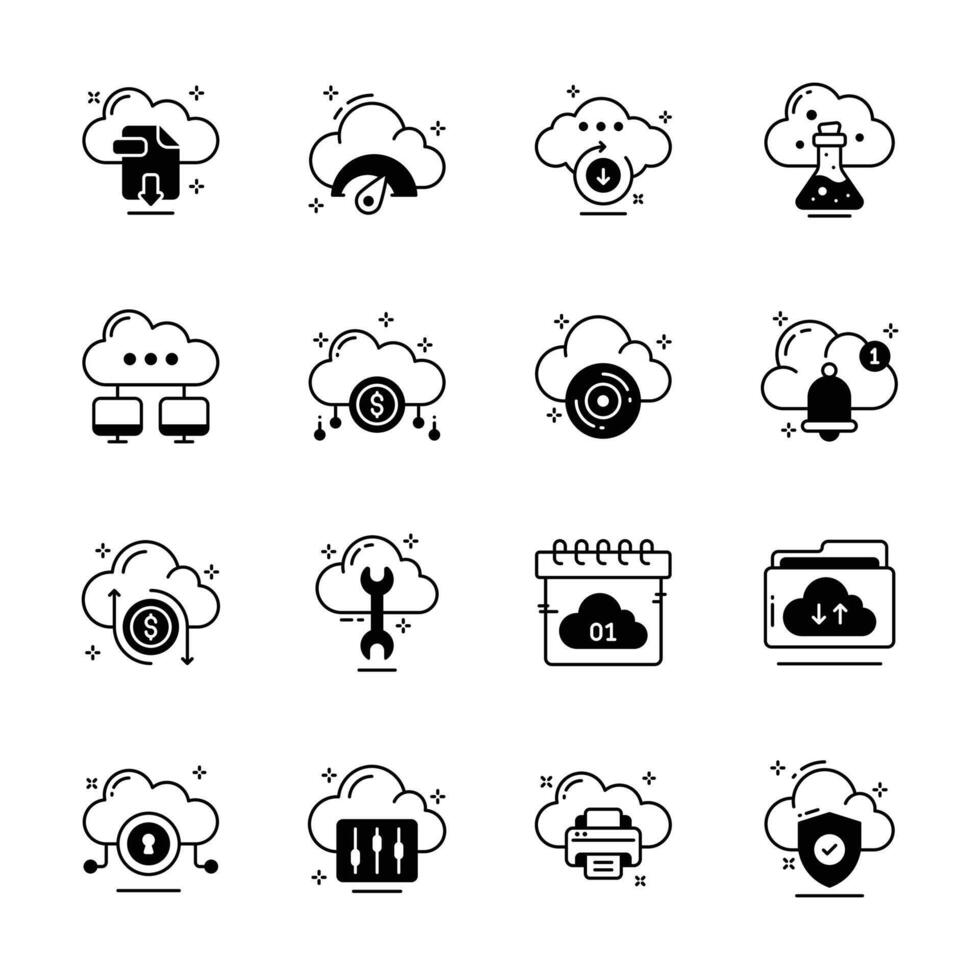 Grab this handy collection of cloud services linear style icons... vector