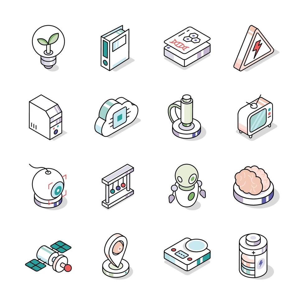 Ready to use pack depicting science and tech devices isometric icons vector