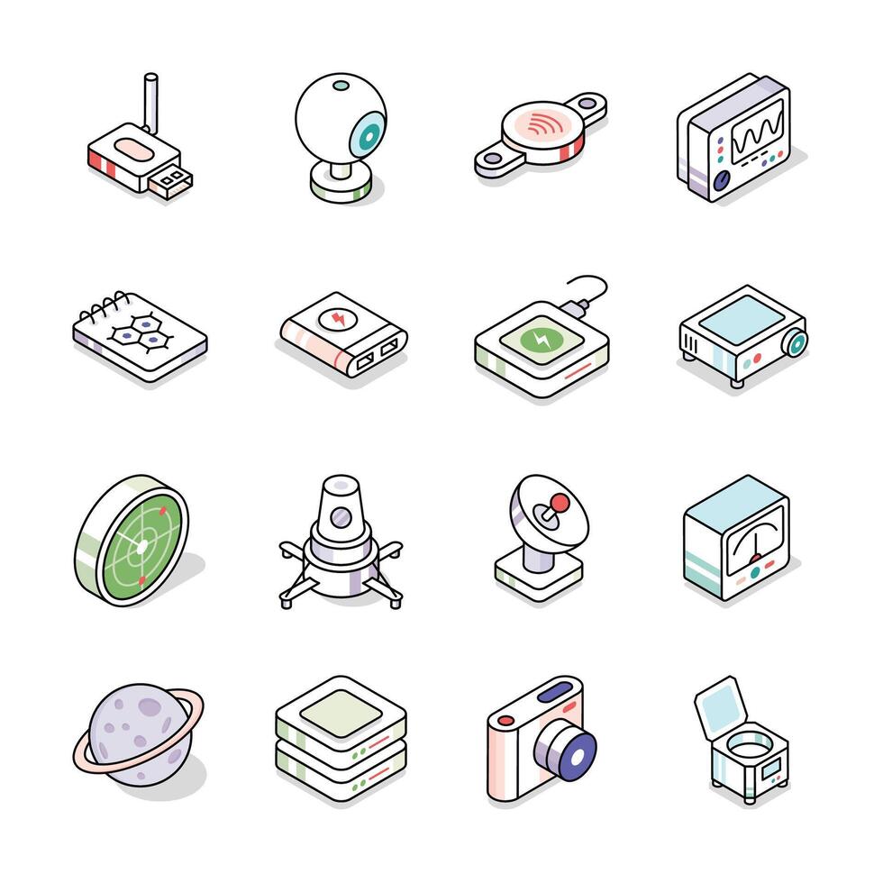 Get this Trendy collection of science and technology isometric icons vector