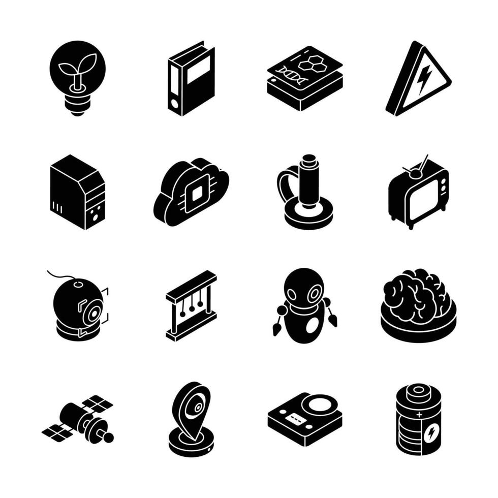 Ready to use pack depicting science and tech devices isometric icons. vector