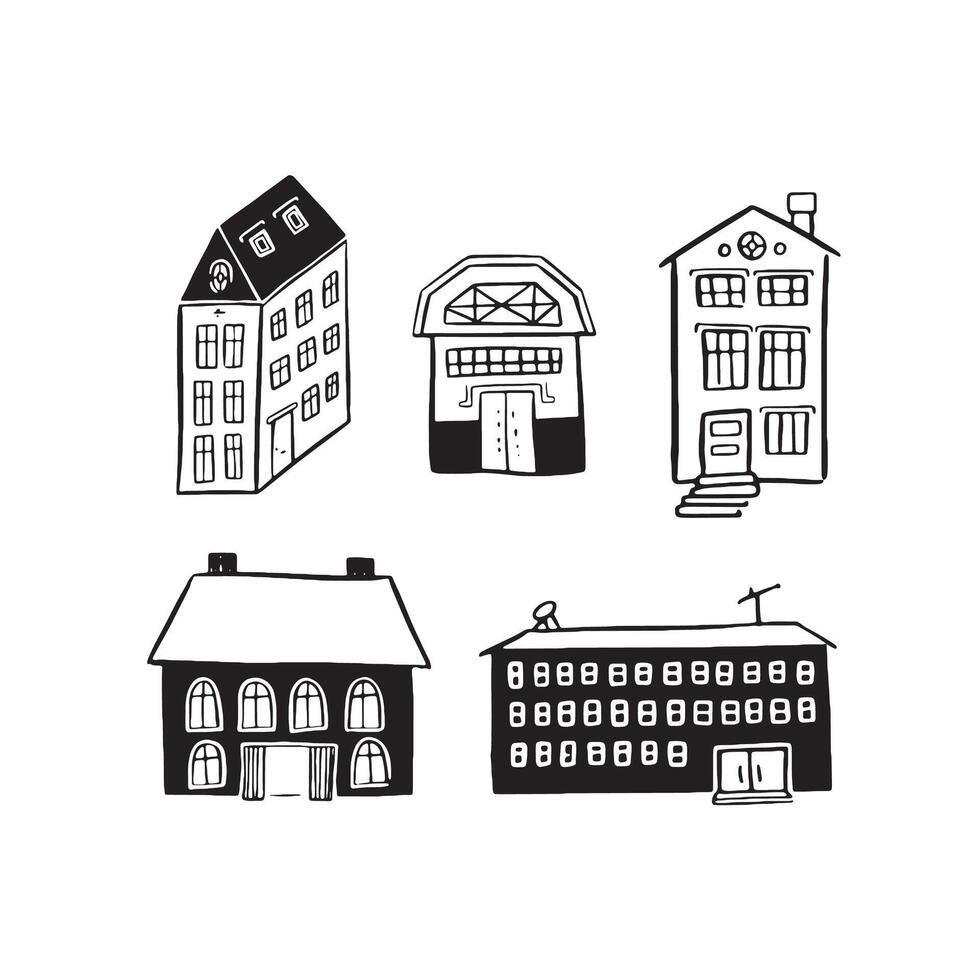 Building illustrations. A selection of five individual vectors hand drawn in black.