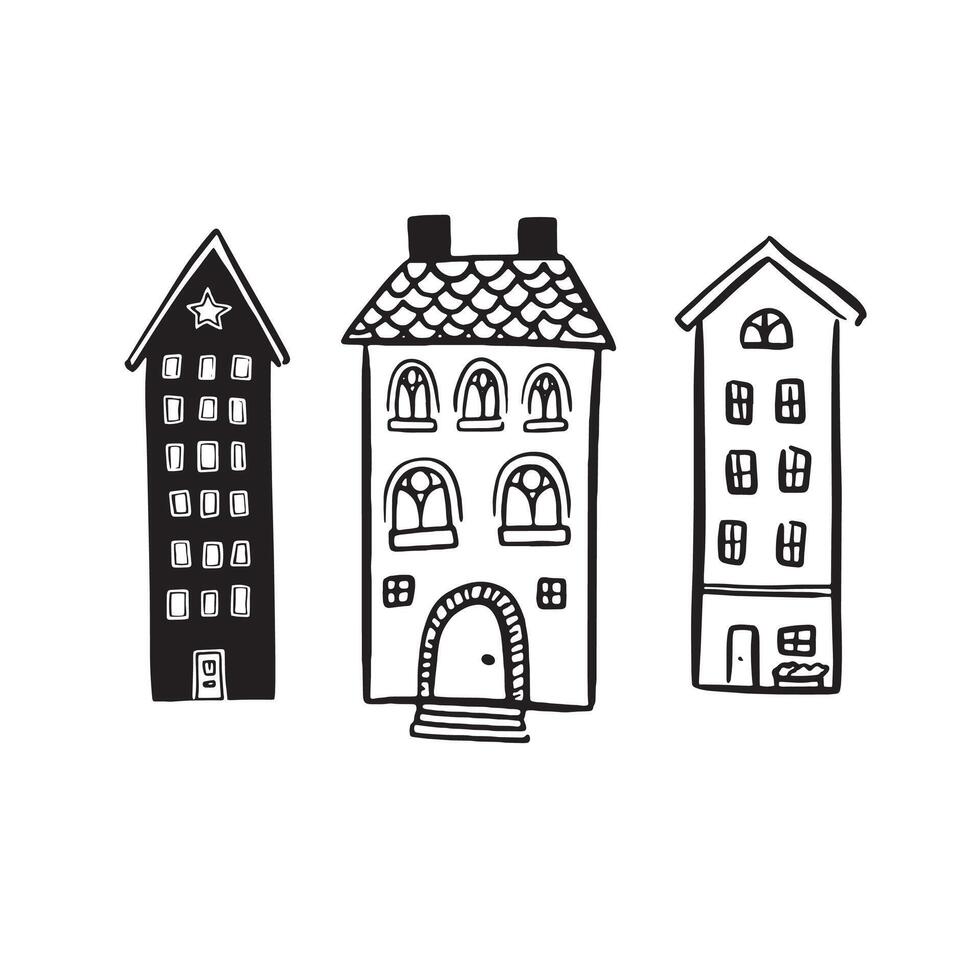 Building illustrations. A selection of three individual vectors hand drawn in black.