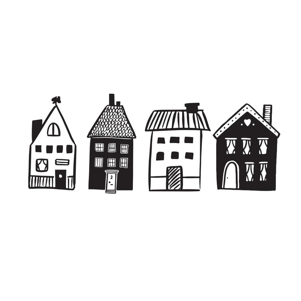 Building illustrations. A selection of four individual vectors hand drawn in black.