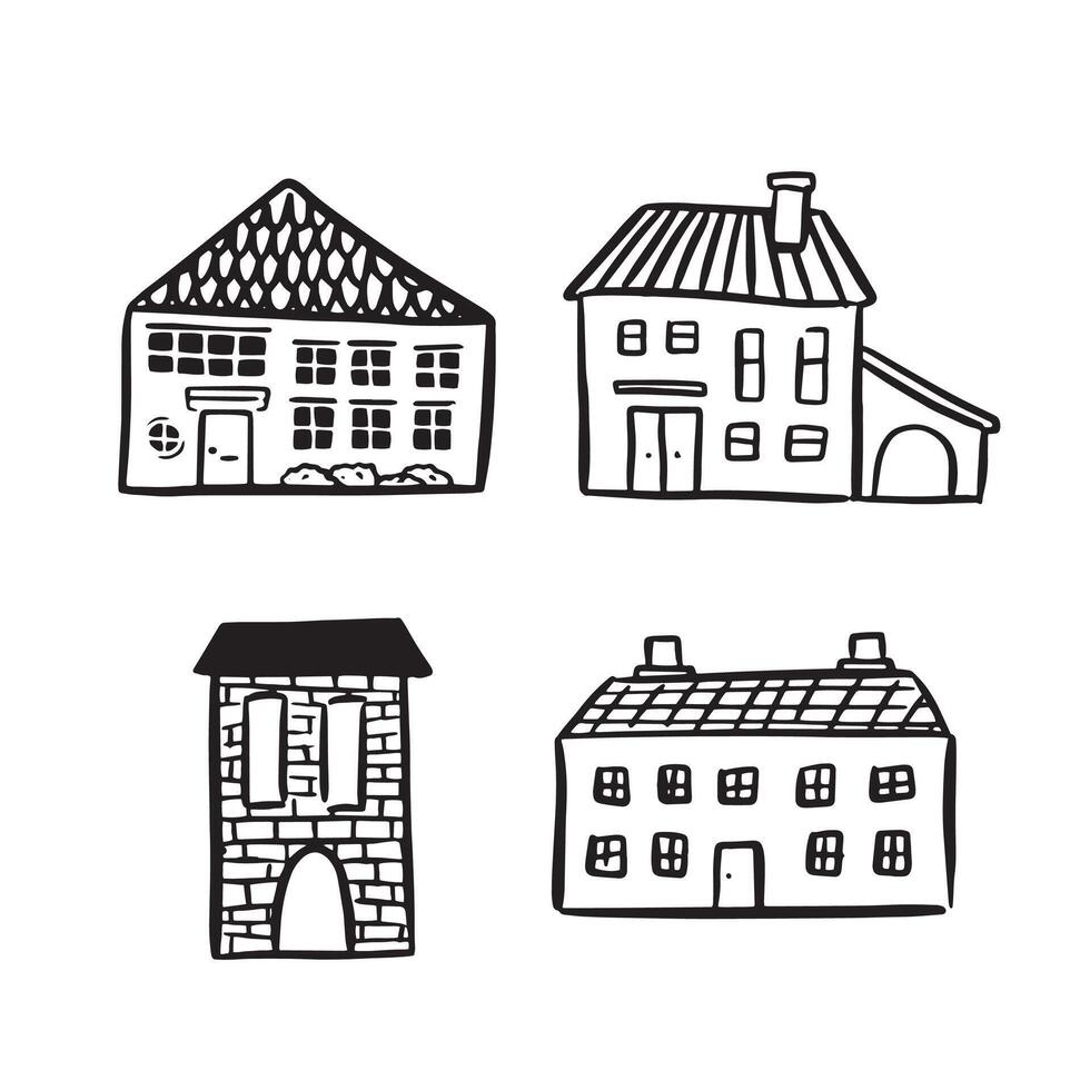 A bundle of four line drawn houses as vectors in black and white.