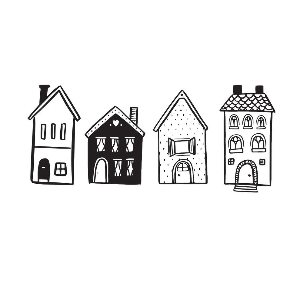 Building illustration bundle. A selection of four individual vectors hand drawn in black.