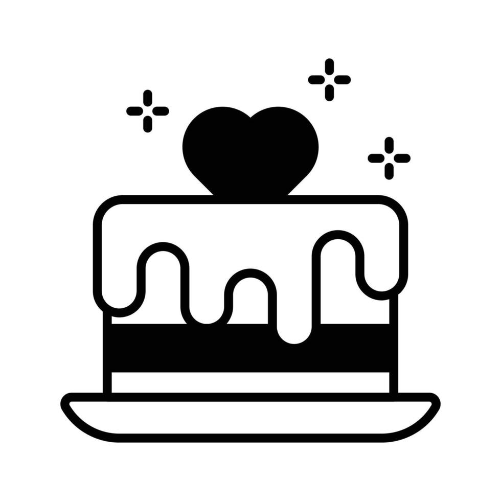 An icon creatively designed in glyph style showing valentine cake with heart vector