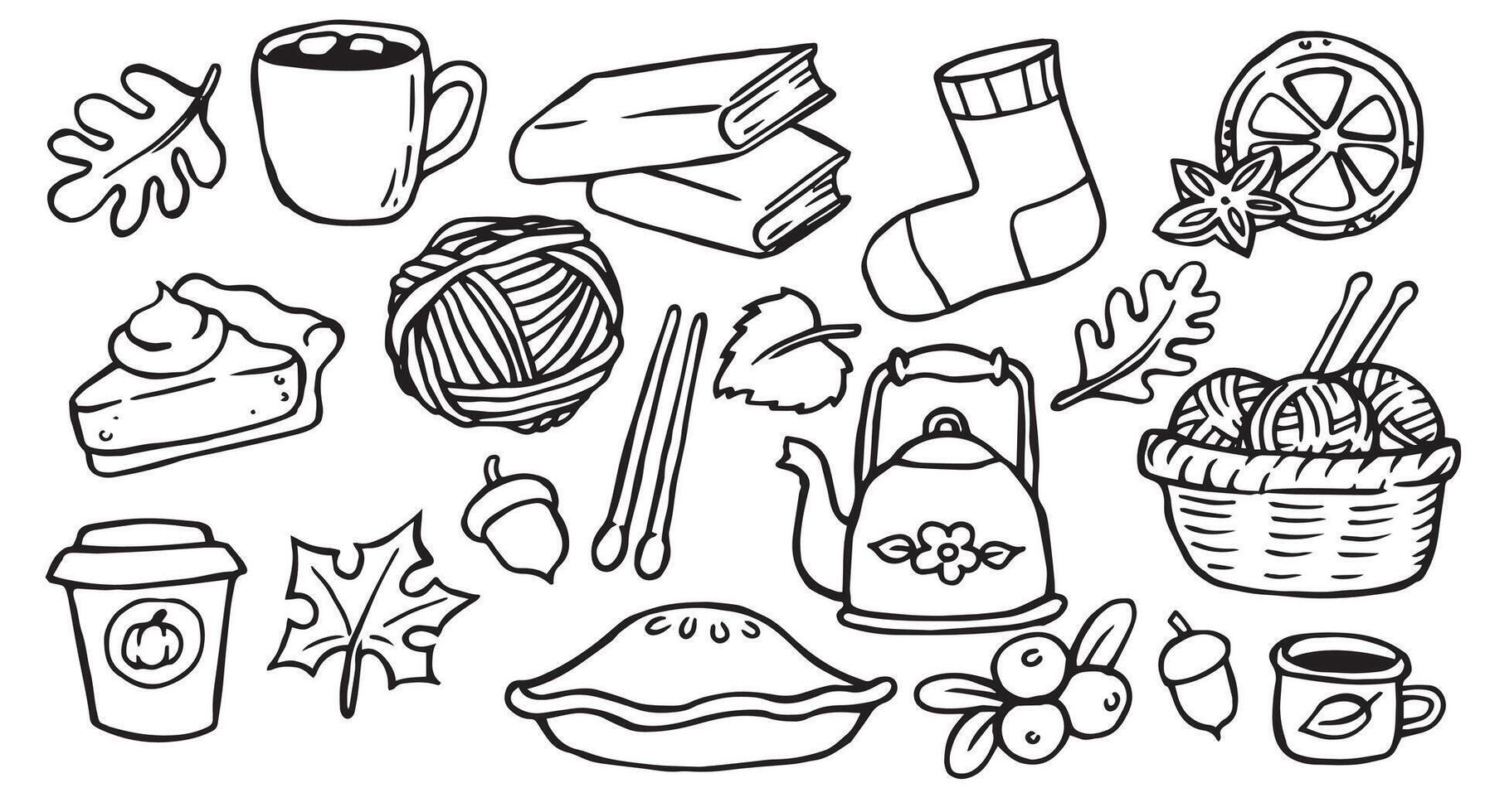 A set of simple doodle illustrations on the theme of cozy autumn. Knitting, books, hot drinks vector