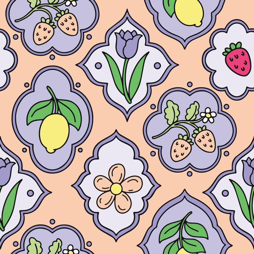 Seamless pattern with flowers and berries in different frame shapes. Graphics, cartoon vector