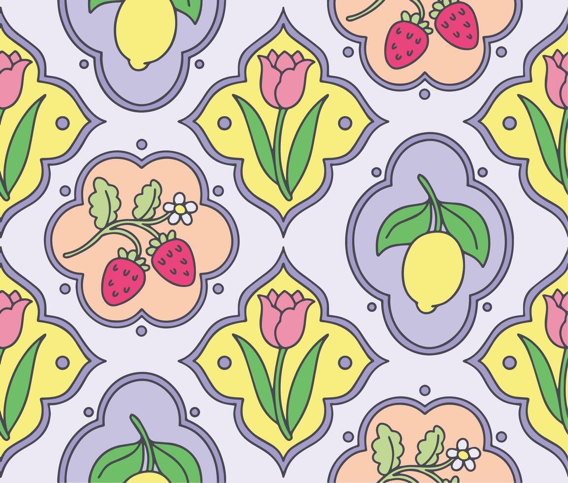 Seamless pattern with flowers and berries in different frame shapes. vector