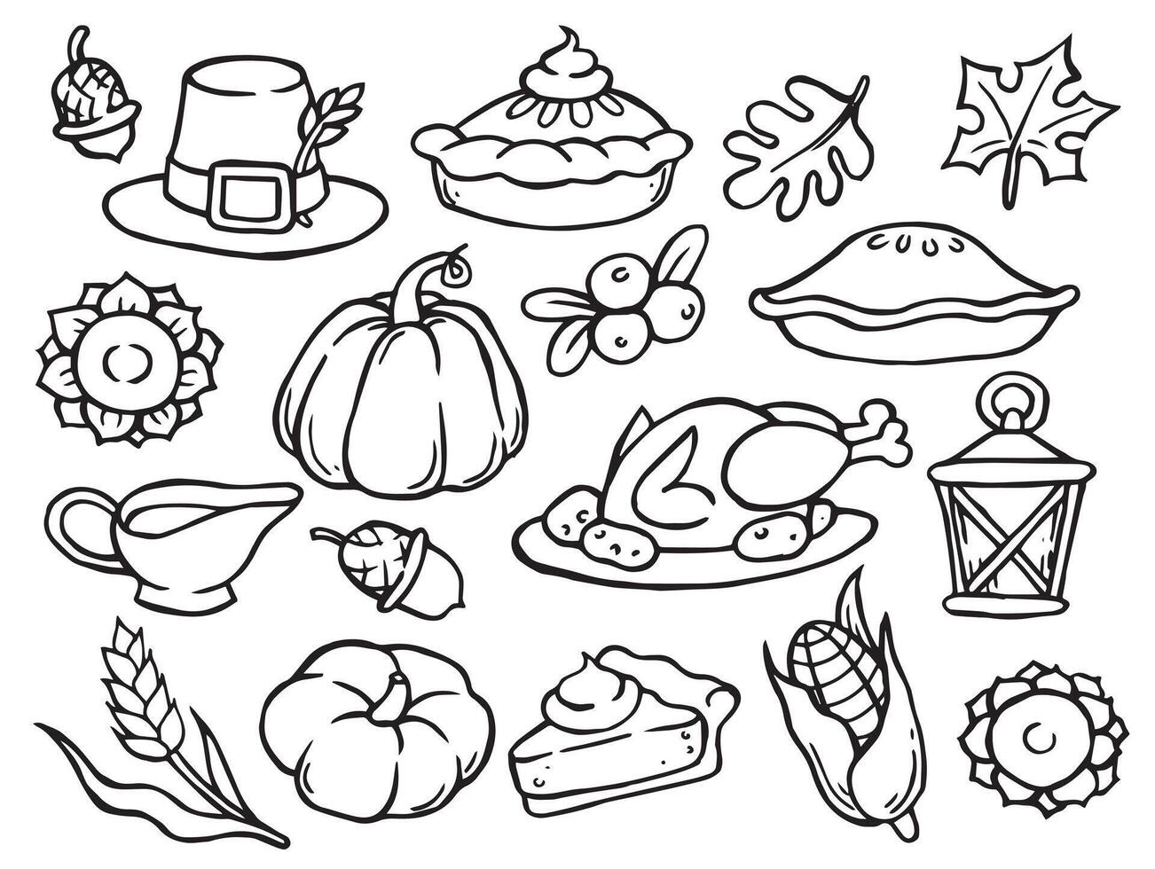 A set of simple doodle illustrations on the theme of a cozy Thanksgiving. vector