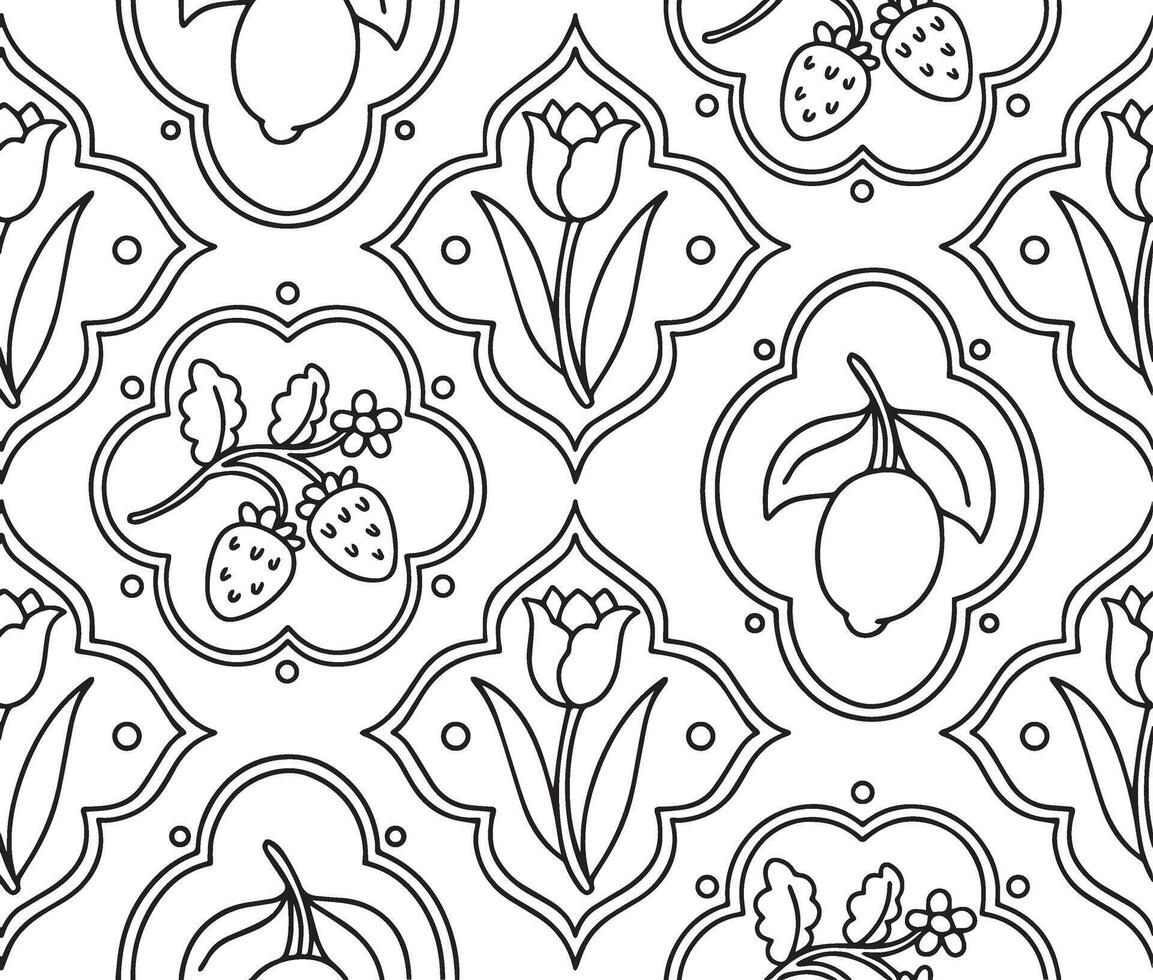 Coloring book. Seamless pattern with flowers and berries in different frame shapes. Graphics, cartoon vector