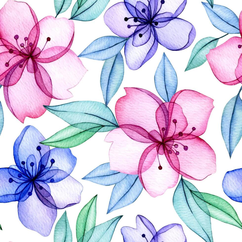 Seamless pattern of watercolor transparent flowers. Abstract flowers and leaves vector