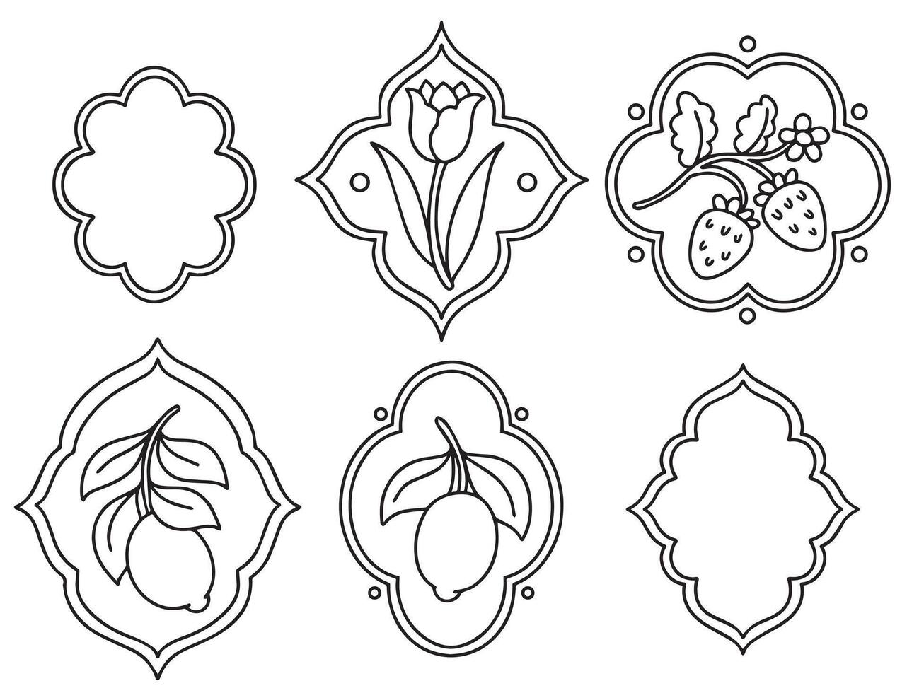 Coloring book. Set of frames of different shapes with flowers, berries and lemons. Graphics, cartoon vector