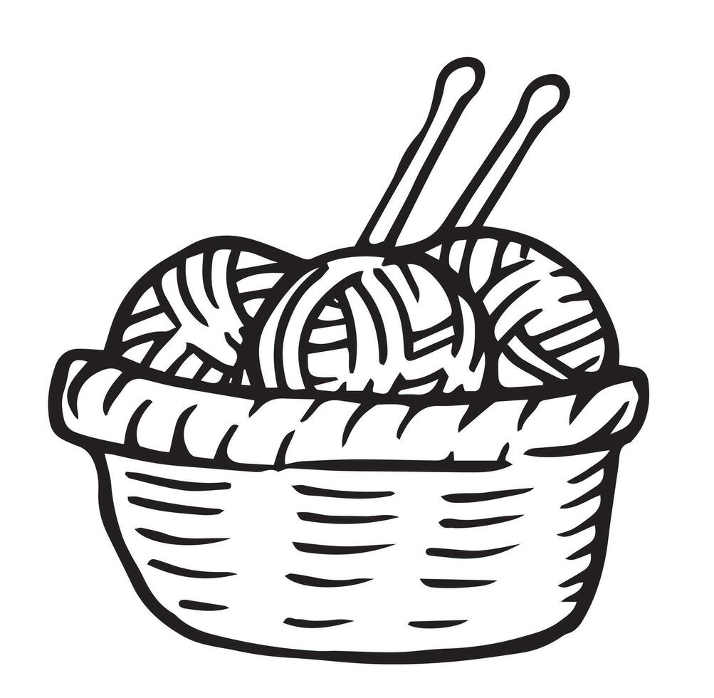 basket with balls of yarn and knitting needles. simple doodle illustration vector