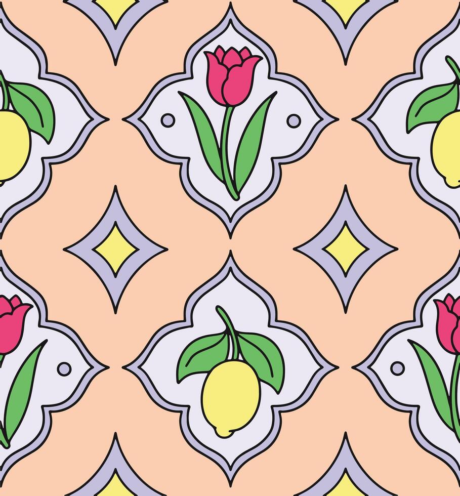 Seamless pattern with flowers and lemons in different frame shapes. Graphics, cartoon vector