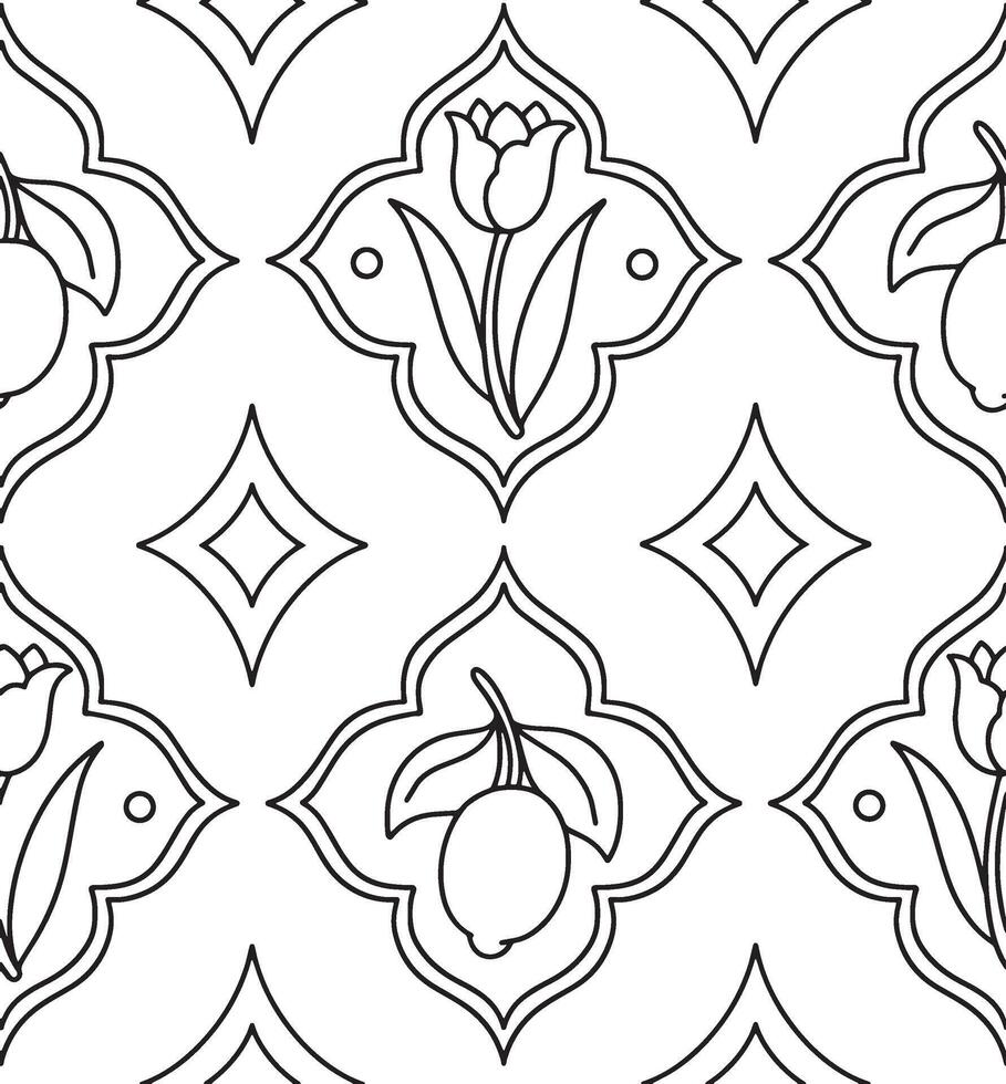 Coloring. Seamless pattern with flowers and lemons in different frame shapes. Graphics, cartoon vector