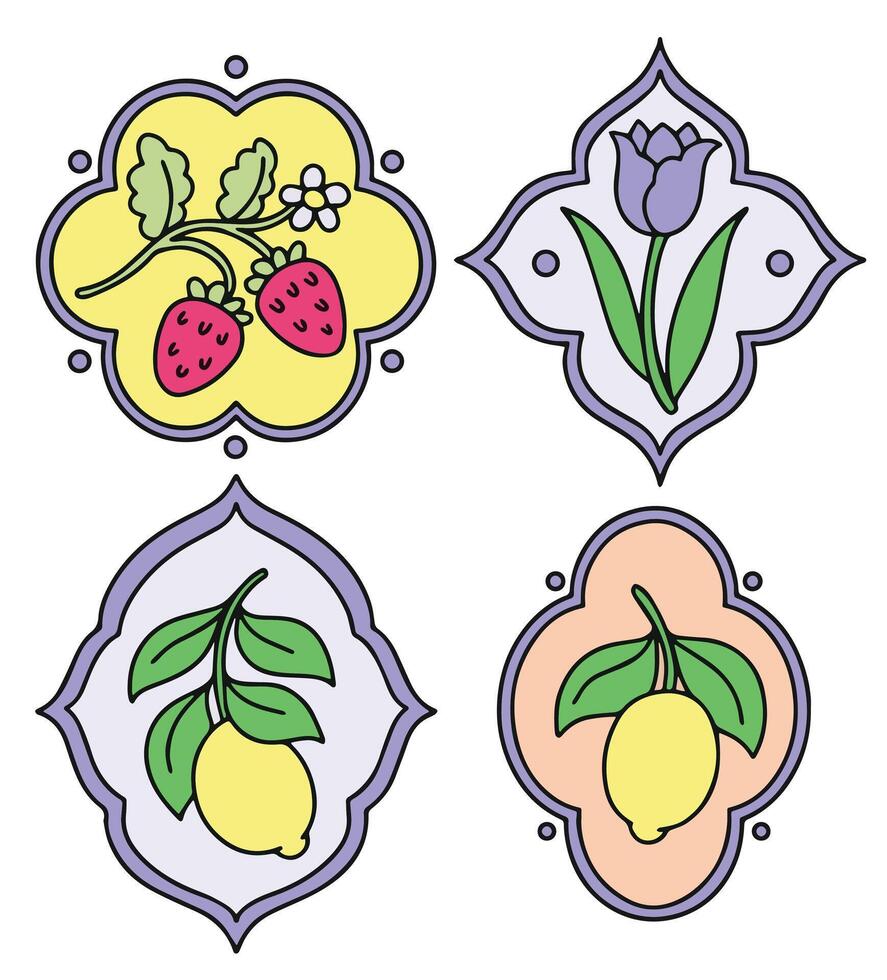 Set of frames of different shapes with flowers, berries and lemons vector