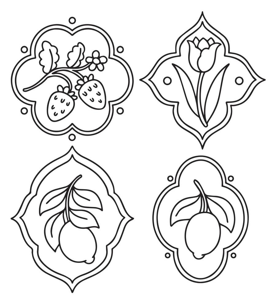 Coloring book. Set of frames of different shapes with flowers, berries and lemons. vector