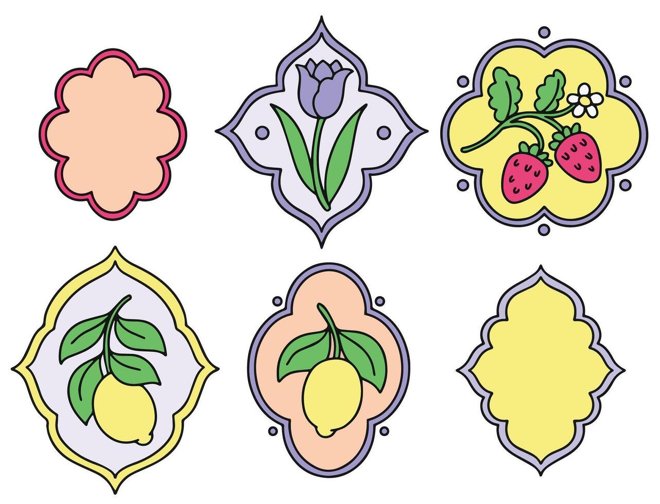 Set of frames of different shapes with flowers, berries and lemons. Graphics, cartoon vector
