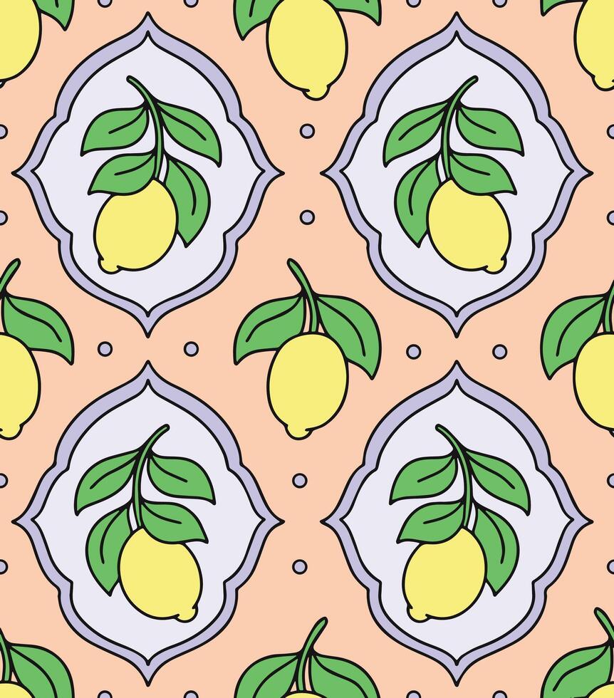 Seamless pattern with lemons in different frame shapes. Retro print, cartoon vector