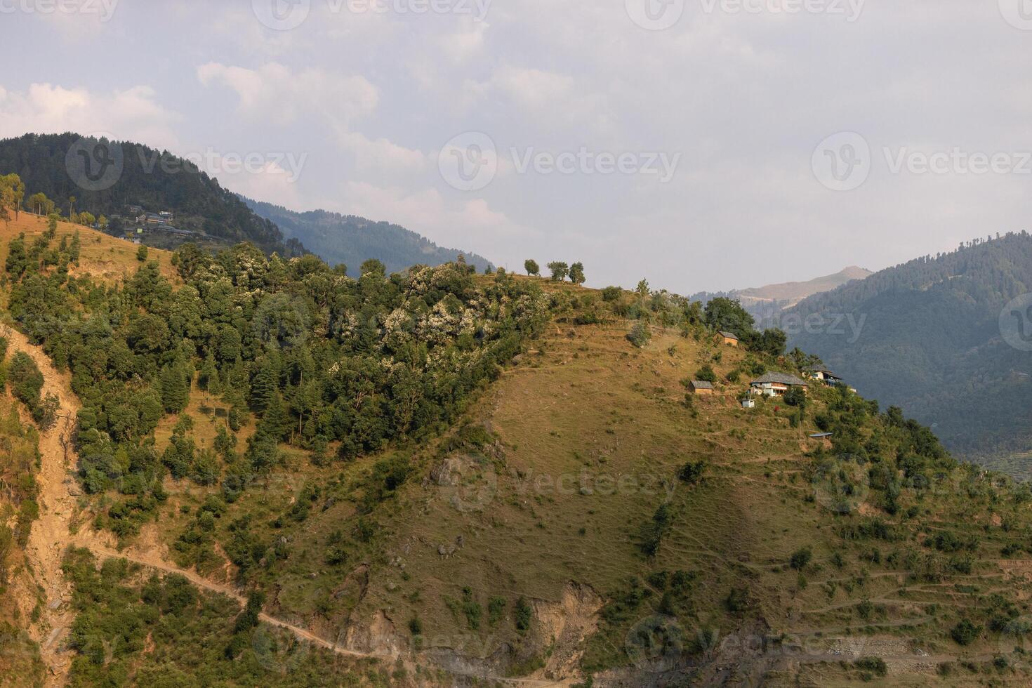 Scenic landscape panoramic view of the forested Himalaya mountains photo