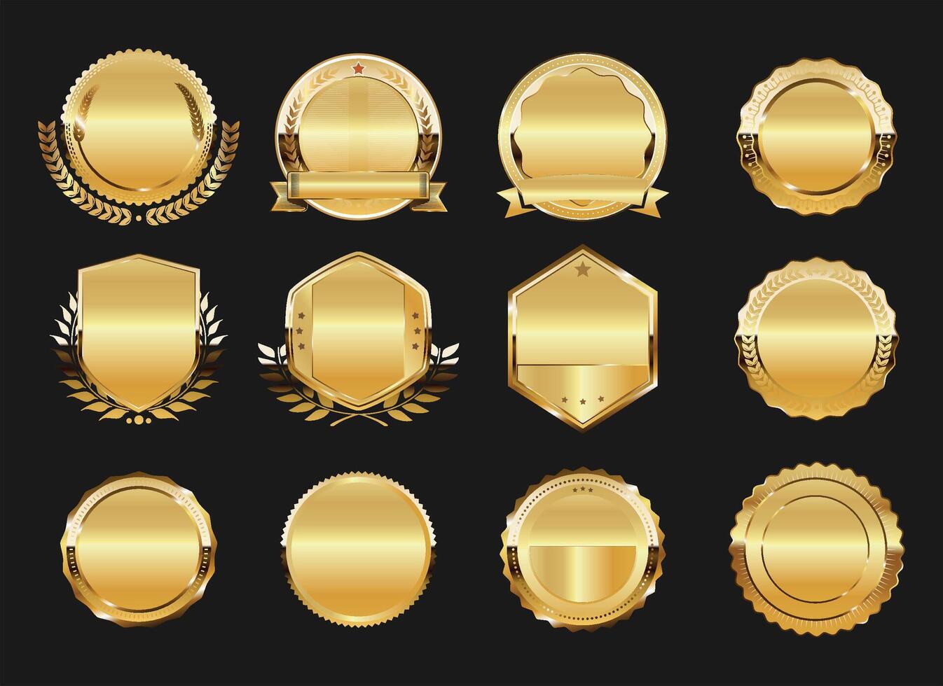 Collection of golden badges and emblems labels laurels and ribbons vector