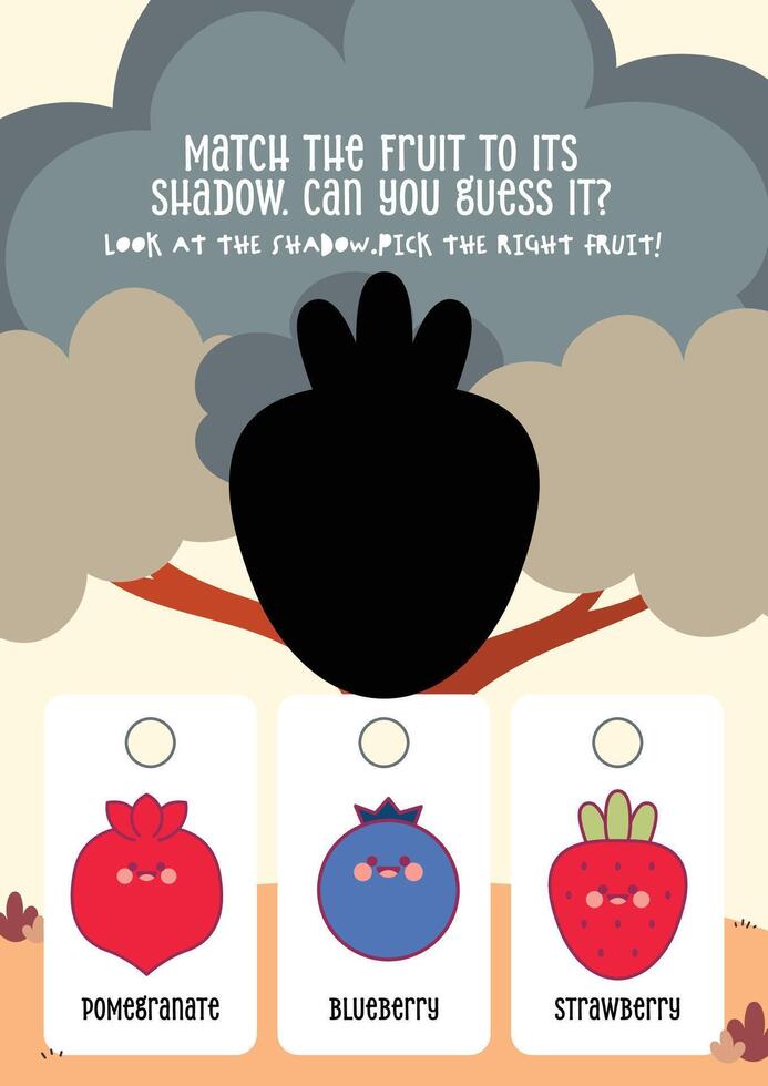 Cute and colorful worksheet where kids guess the correct fruit from its shadow to support early education vector