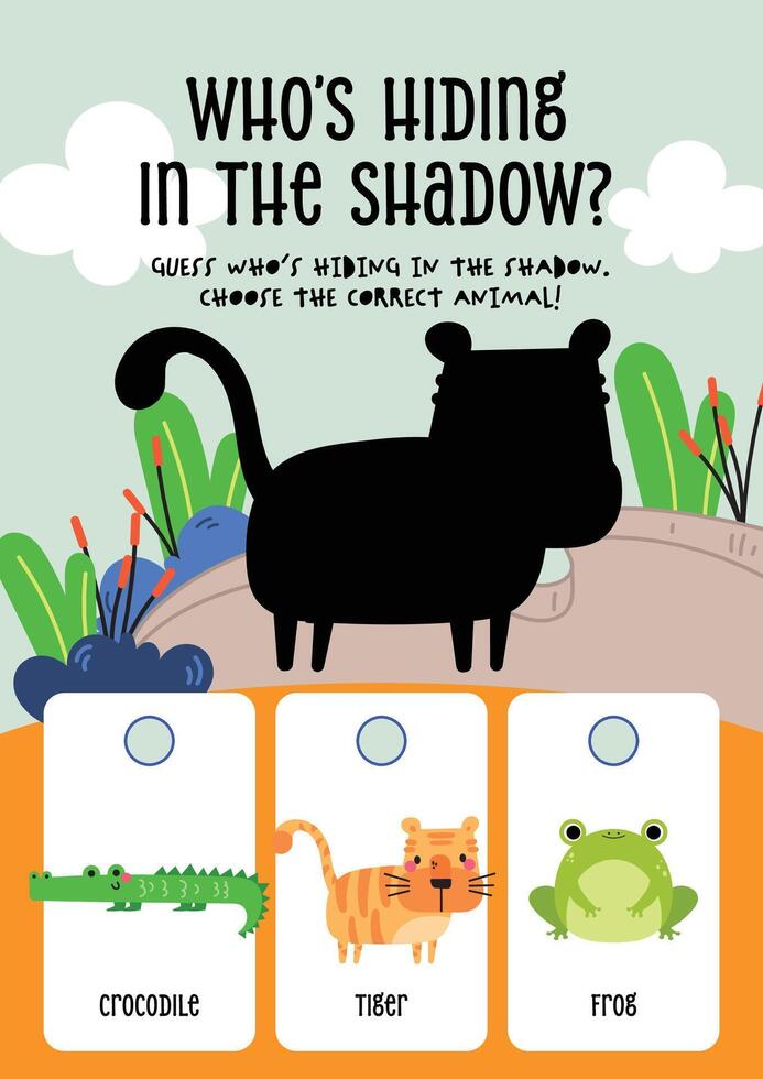 Printable kawaii worksheet with a shadow matching game to help kids learn swamp animals in a fun and educational way vector