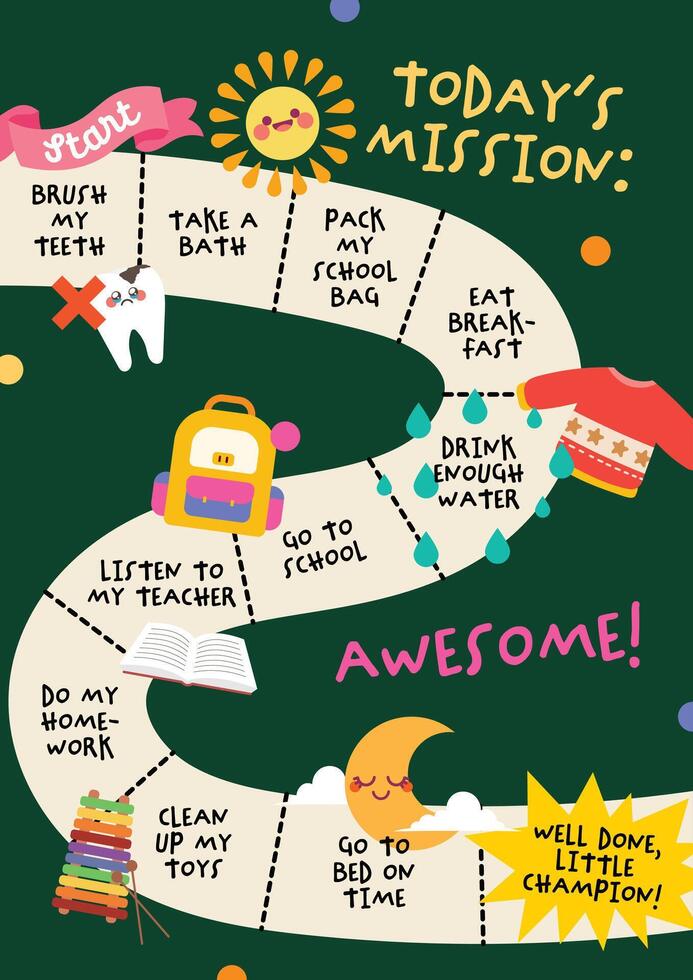 Adorable kawaii daily task journal for kids with simple routines like brush your teeth and do homework, designed to build good habits with fun visuals vector
