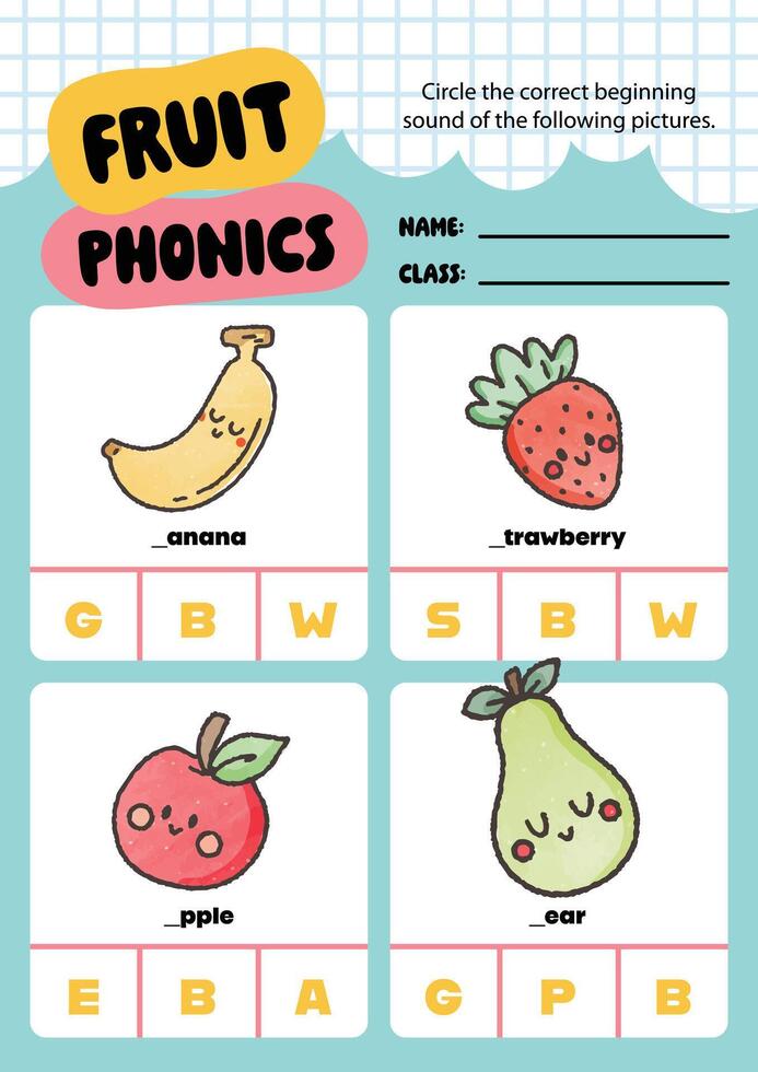 Fun and colorful phonics worksheet for kids featuring cute fruit illustrations perfect for printable learning activities at home or in the classroom. vector