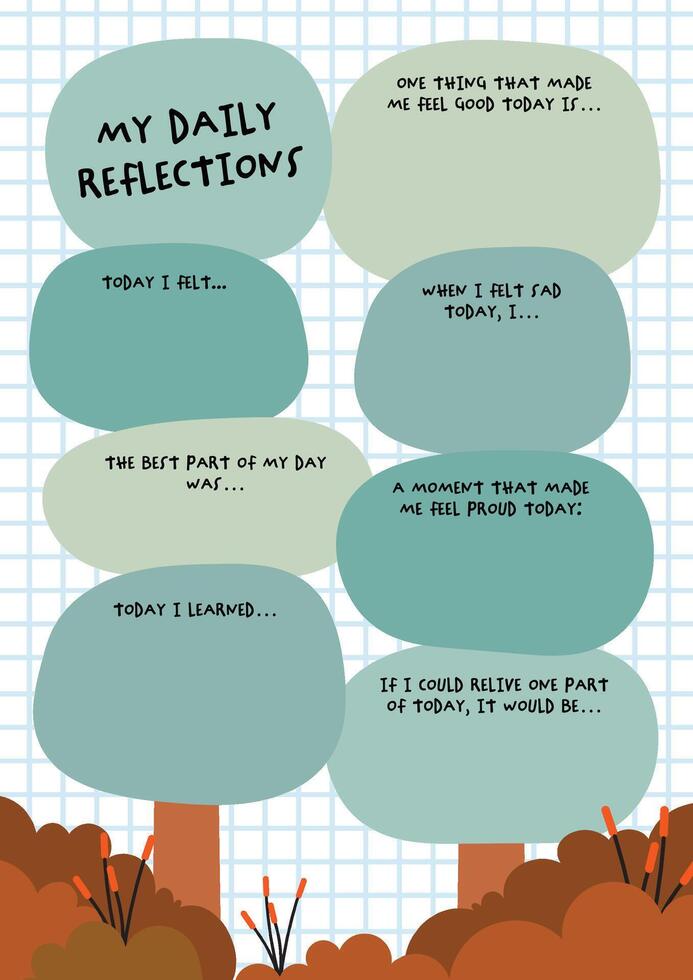 Cute kawaii printable layout for kids to reflect on their day fun and simple self reflection journal page to build positive habits and emotional growth. vector