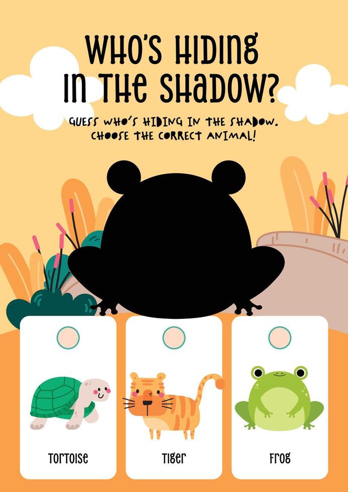 Swamp animal identification game in a kawaii shadow match worksheet for kids to enjoy early nature learning vector