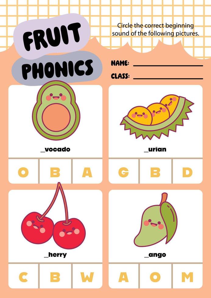 Phonics learning worksheet with colorful fruit illustrations designed for kids ideal for printable activities at home or in the classroom vector