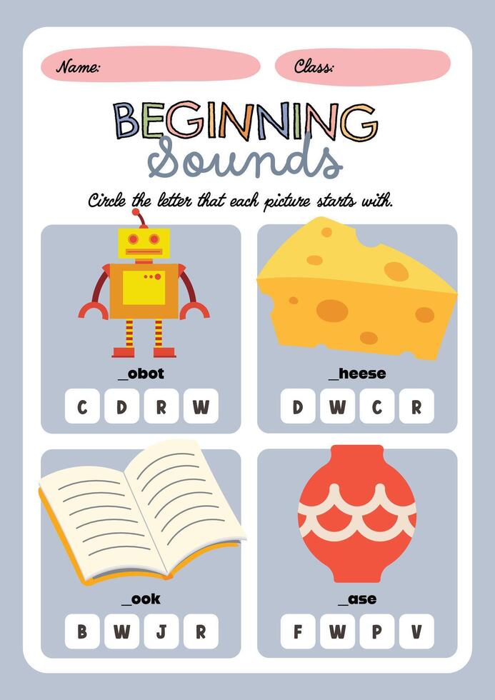 Cute and colorful printable phonics activity for kids to circle beginning letters of illustrated objects in kawaii theme vector