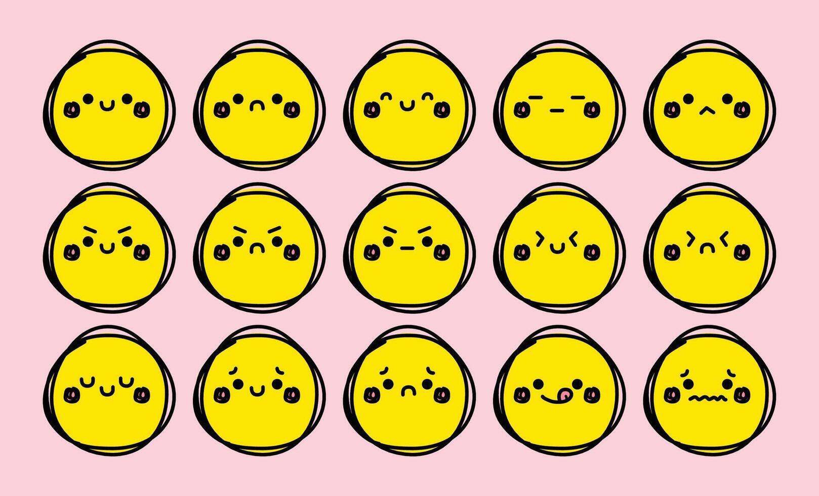Cute kawaii doodle emotion set with expressive faces and charming hand drawn style. Great for planners, journals, stickers, and creative printable projects. vector