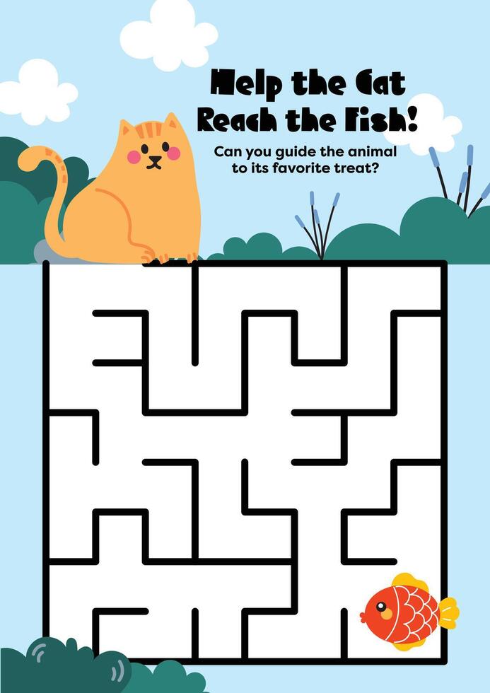 Maze tracing activity in cute kawaii worksheet for kids matching animals and food for early learning practice vector