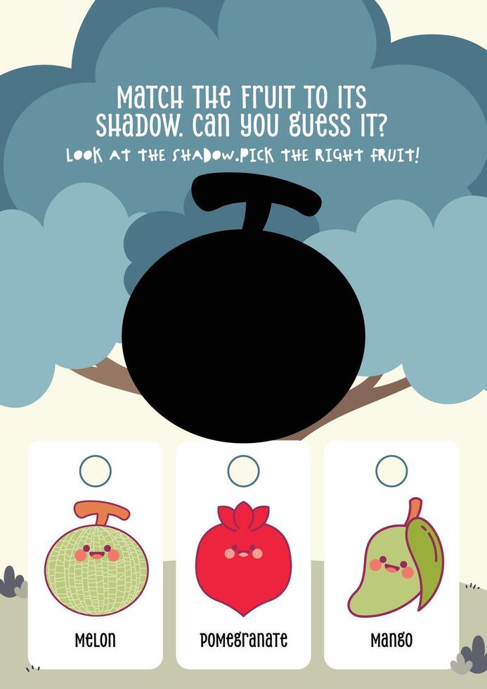 Colorful and cute printable worksheet with fruit shadows for kids to match and learn through fun recognition play vector