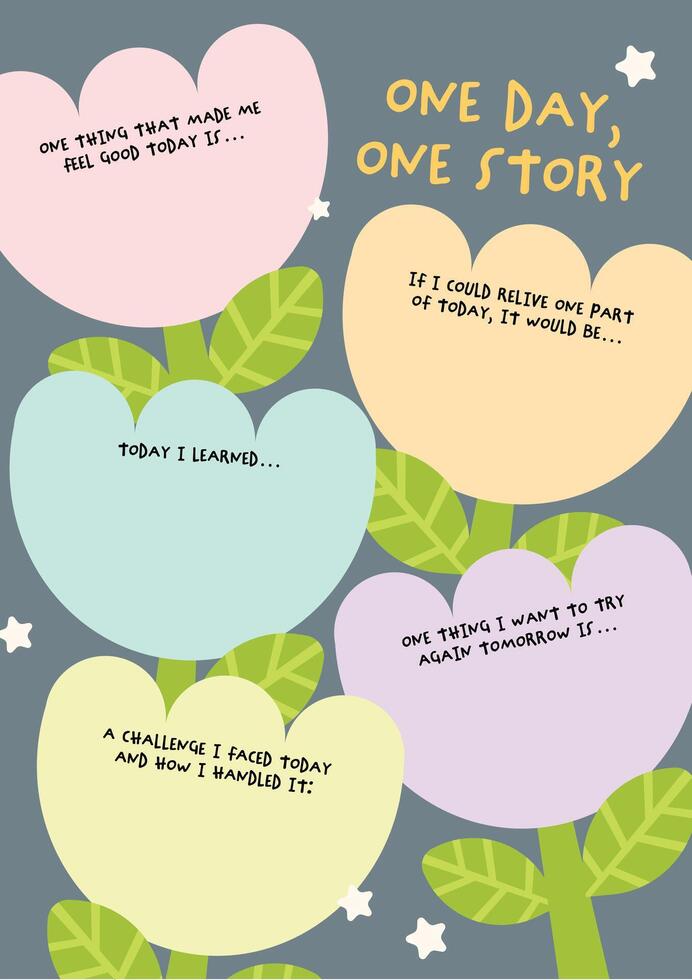 Cute kawaii flower printable layout for kids to reflect on their day fun and simple self reflection journal page to build positive habits and emotional growth. vector