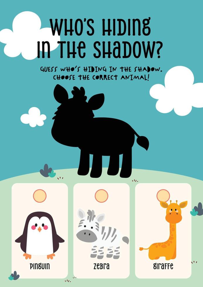 Animal shadow guessing game in a kawaii printable worksheet designed for kids to boost early education and recognition vector