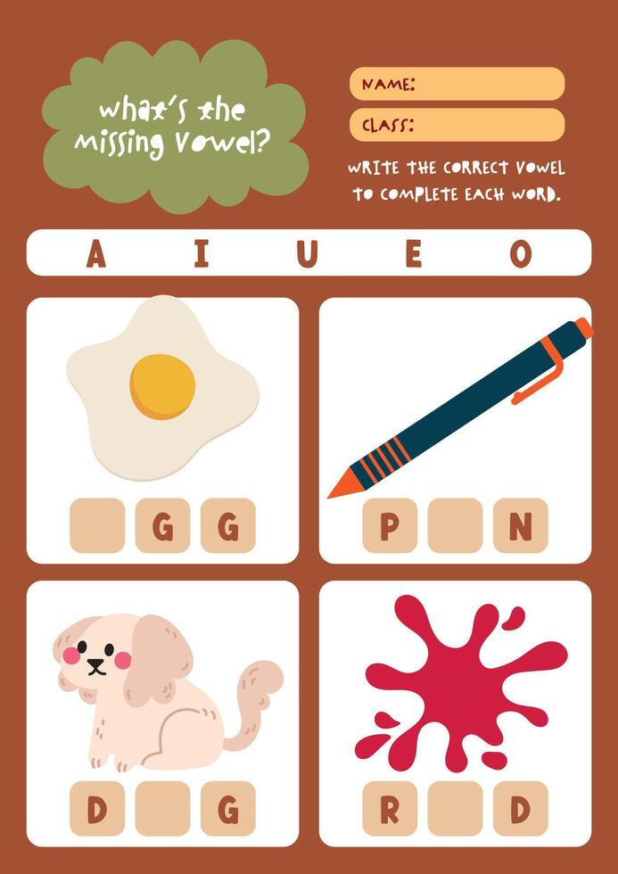 Cute kawaii and colorful worksheet for kids to write missing vowels in object names a fun printable activity to support reading spelling and phonics skills. vector