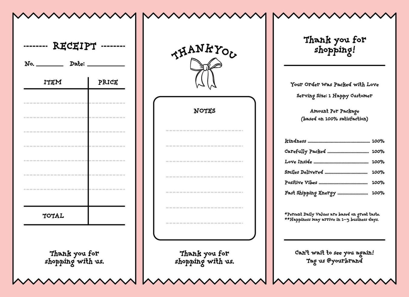 Cute kawaii receipt and thank you note template perfect for small shops or online businesses to leave a friendly message and enhance customer experience. vector