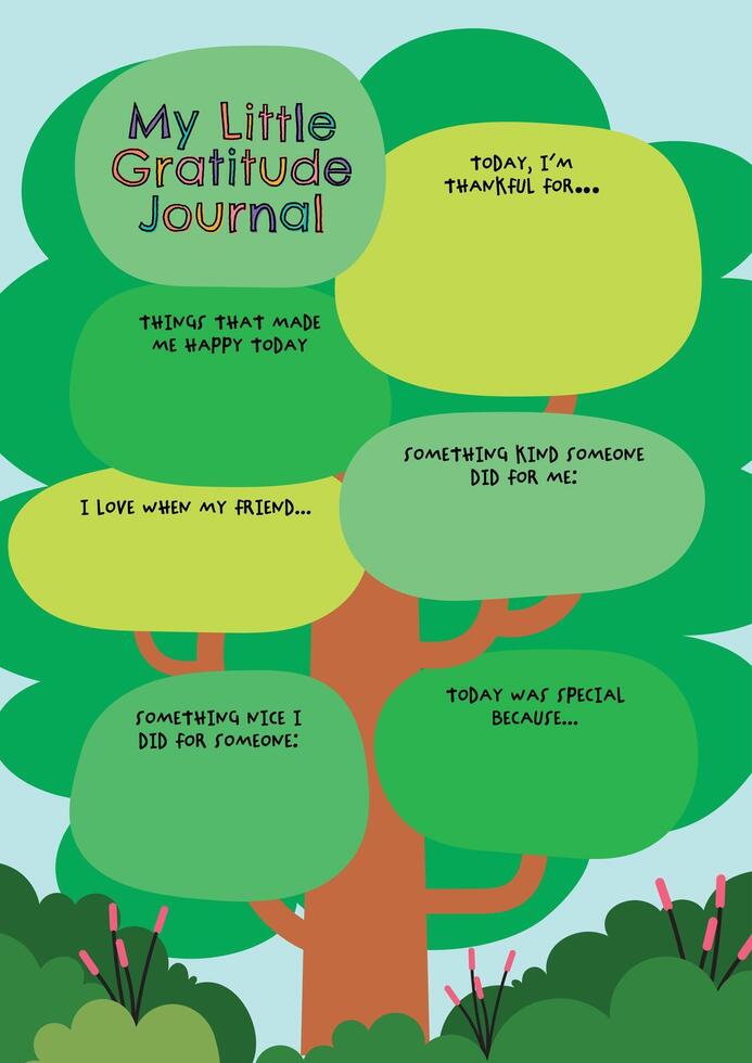 Adorable kawaii gratitude journal designed for kids and teens to reflect daily and practice thankfulness with fun prompts and colorful cute themes vector
