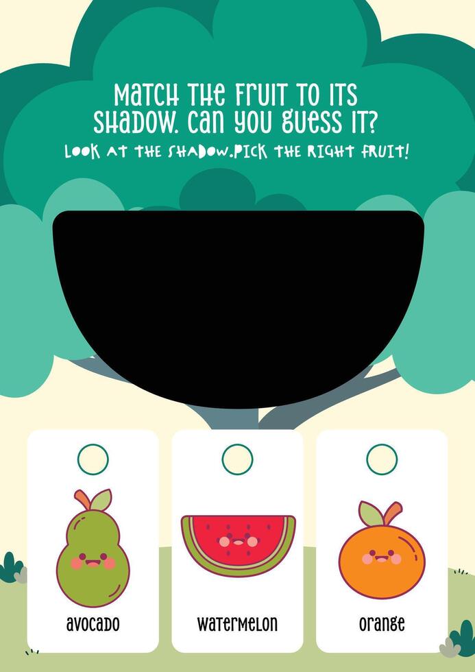 Kawaii themed worksheet for kids to choose the right fruit based on its shadow in a playful educational format vector